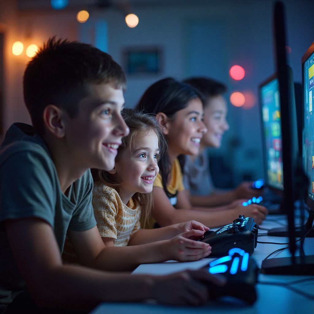 Families playing together at interactive gaming stations