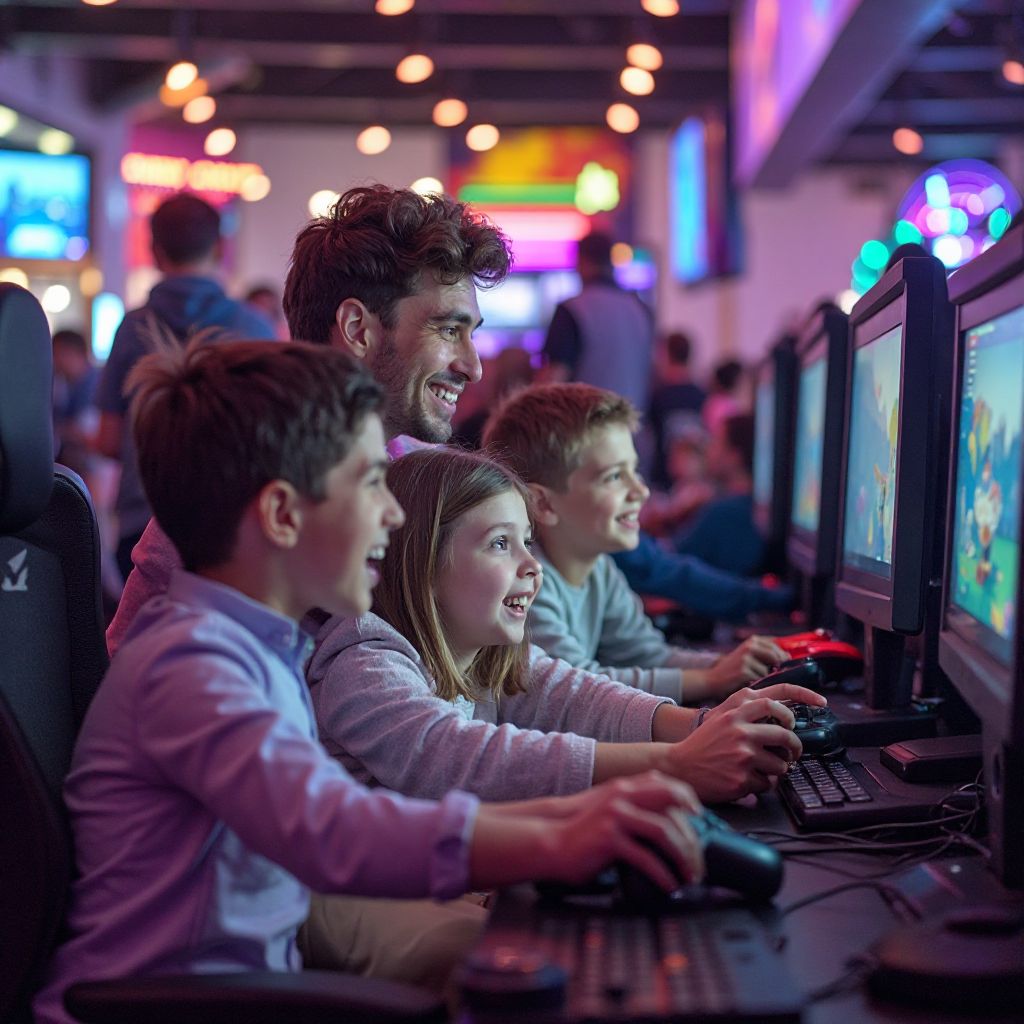 Families enjoying gaming activities together at PlayWorld Expo