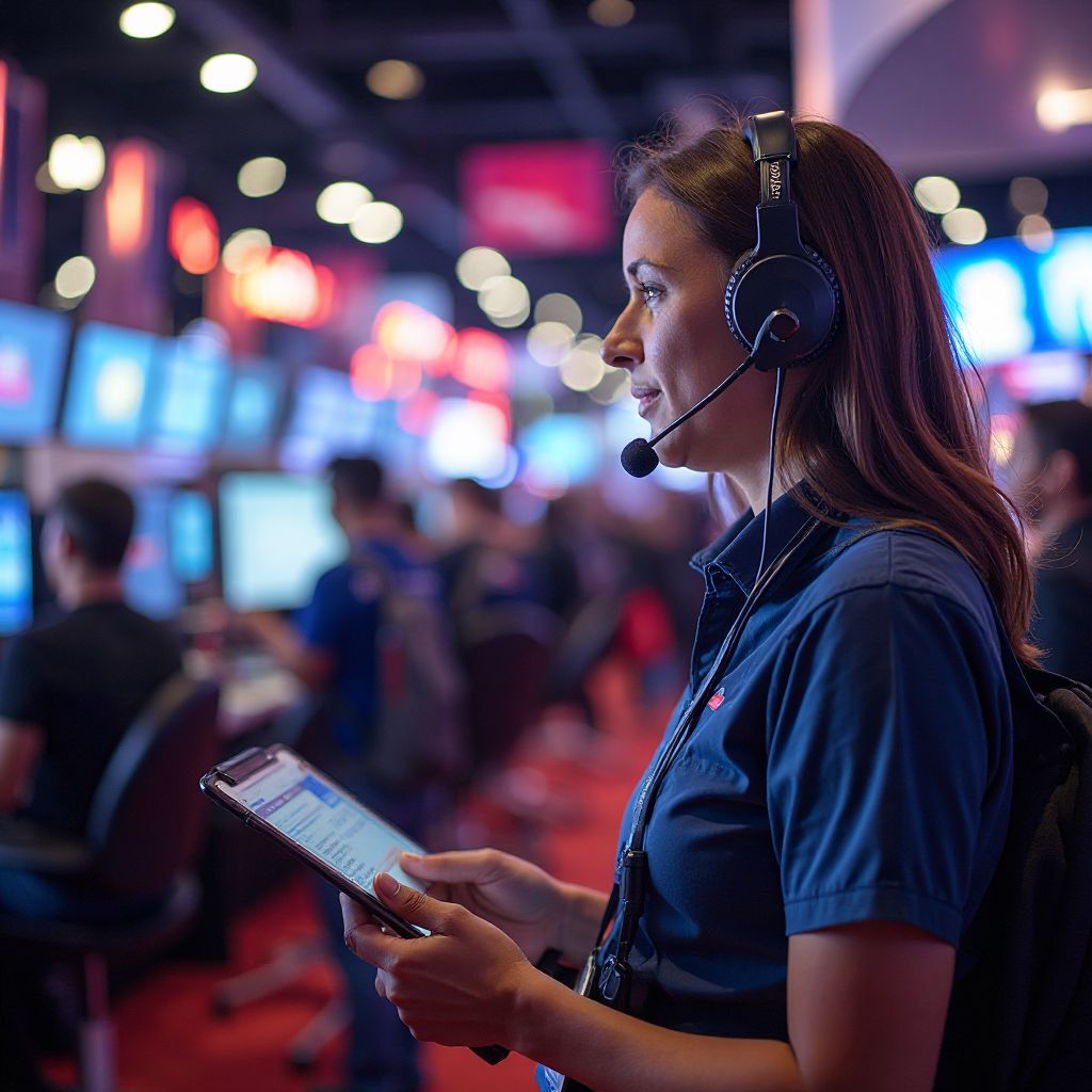 Event coordinator managing gaming expo activities
