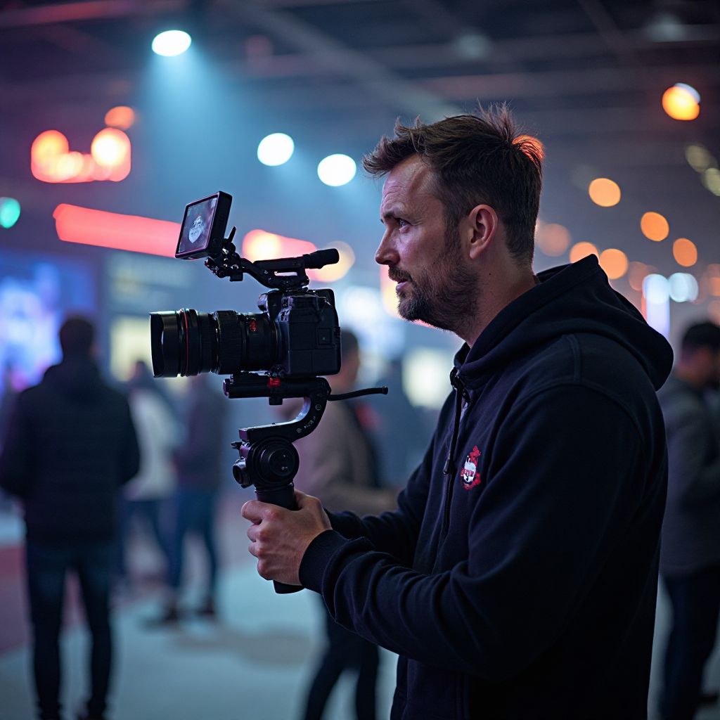 Marketing content creator filming at gaming expo