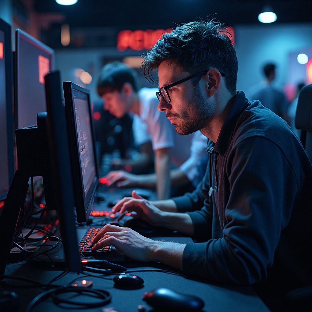 Technical support specialist setting up gaming equipment